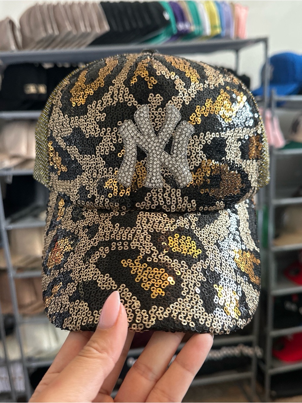Sequin Leopard Print Baseball Cap with Rhinestone Logo - Black & Gold